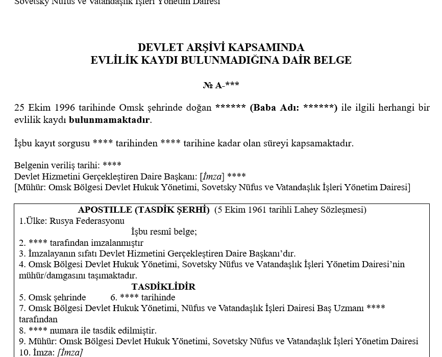 bekarlık belgesi tercümesi